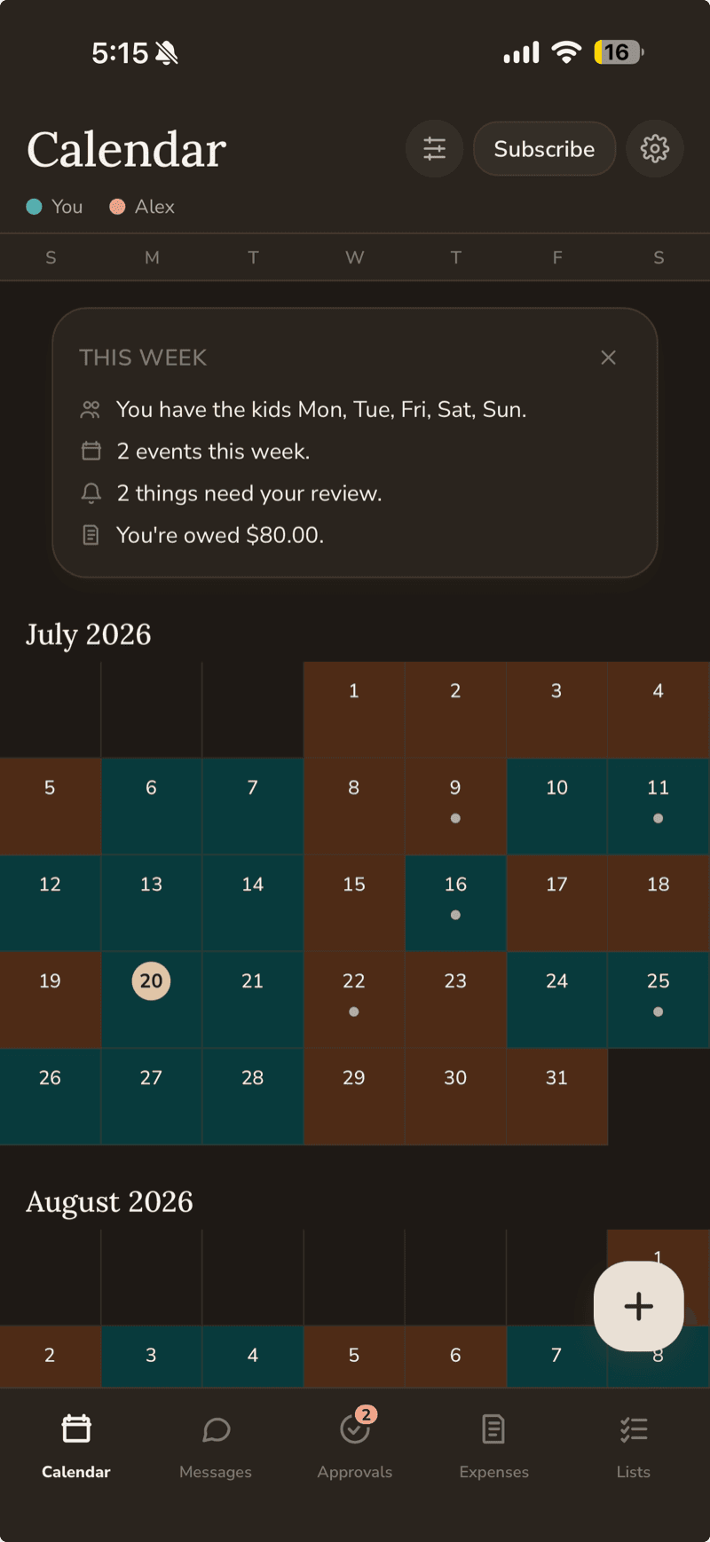 The Coparently calendar showing a month of custody days color-coded between two parents, with a summary of who has the kids this week.