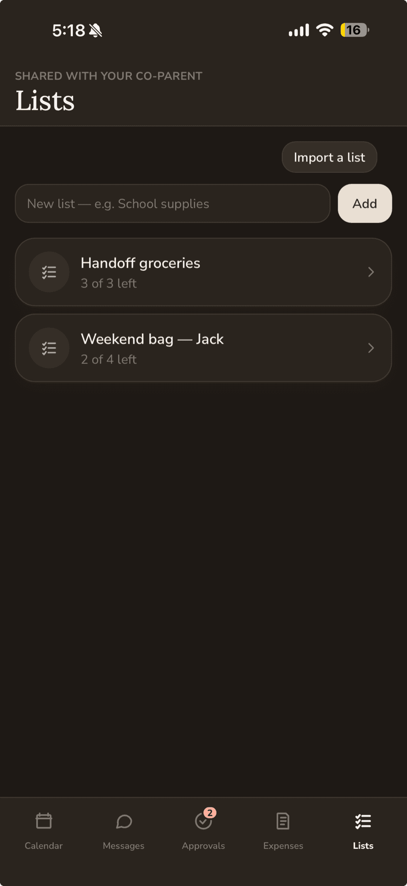 The Coparently shared lists screen with a handoff-groceries list and a weekend-bag packing list.