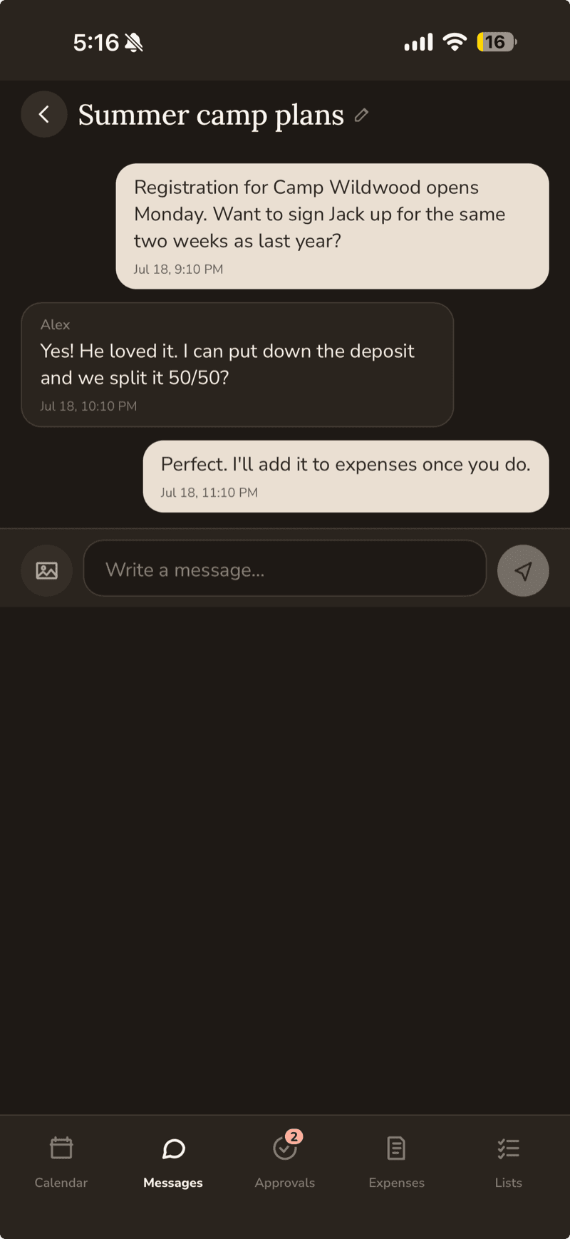 A Coparently message thread between two co-parents planning summer camp.